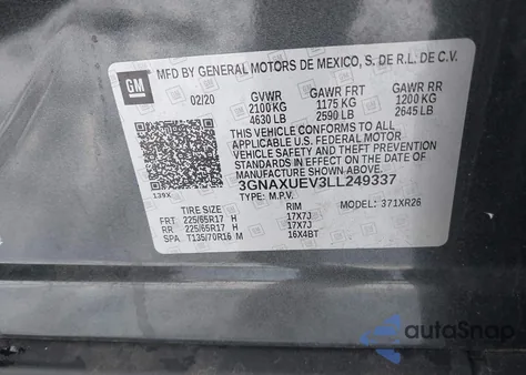 2020 Chevrolet Equinox Awd Lt 1.5L Turbo z USA, uszkodzony, nr VIN 3GNAXUEV3LL249337